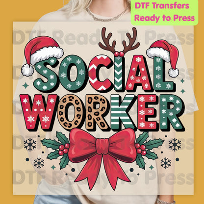 Christmas Social Worker DTF Transfers, Holiday Santa Hat Leopard Bow Social Work Ready to Press