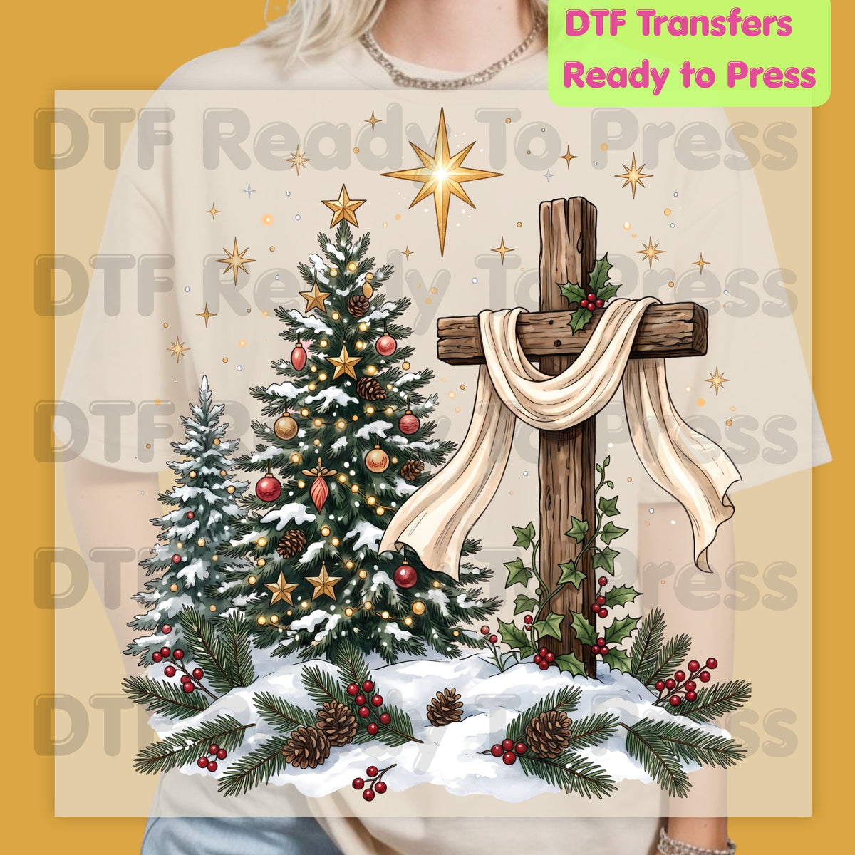 Christmas DTF Transfer, Christian Wooden Cross Star Christmas Tree Graphic