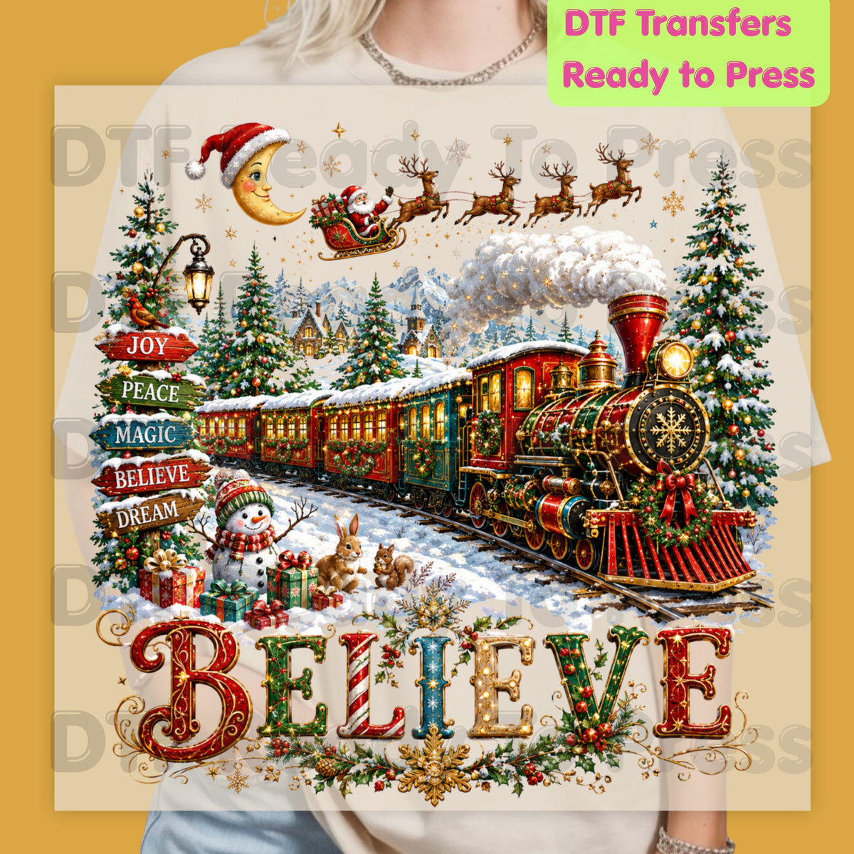 Believe Christmas Express DTF Transfers, Santa Sleigh Vintage Holiday Train Ready to Press