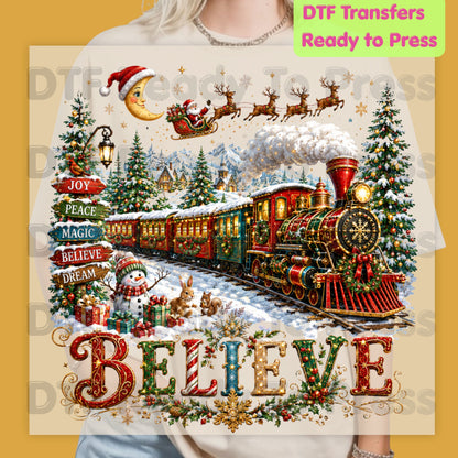Believe Christmas Express DTF Transfers, Santa Sleigh Vintage Holiday Train Ready to Press