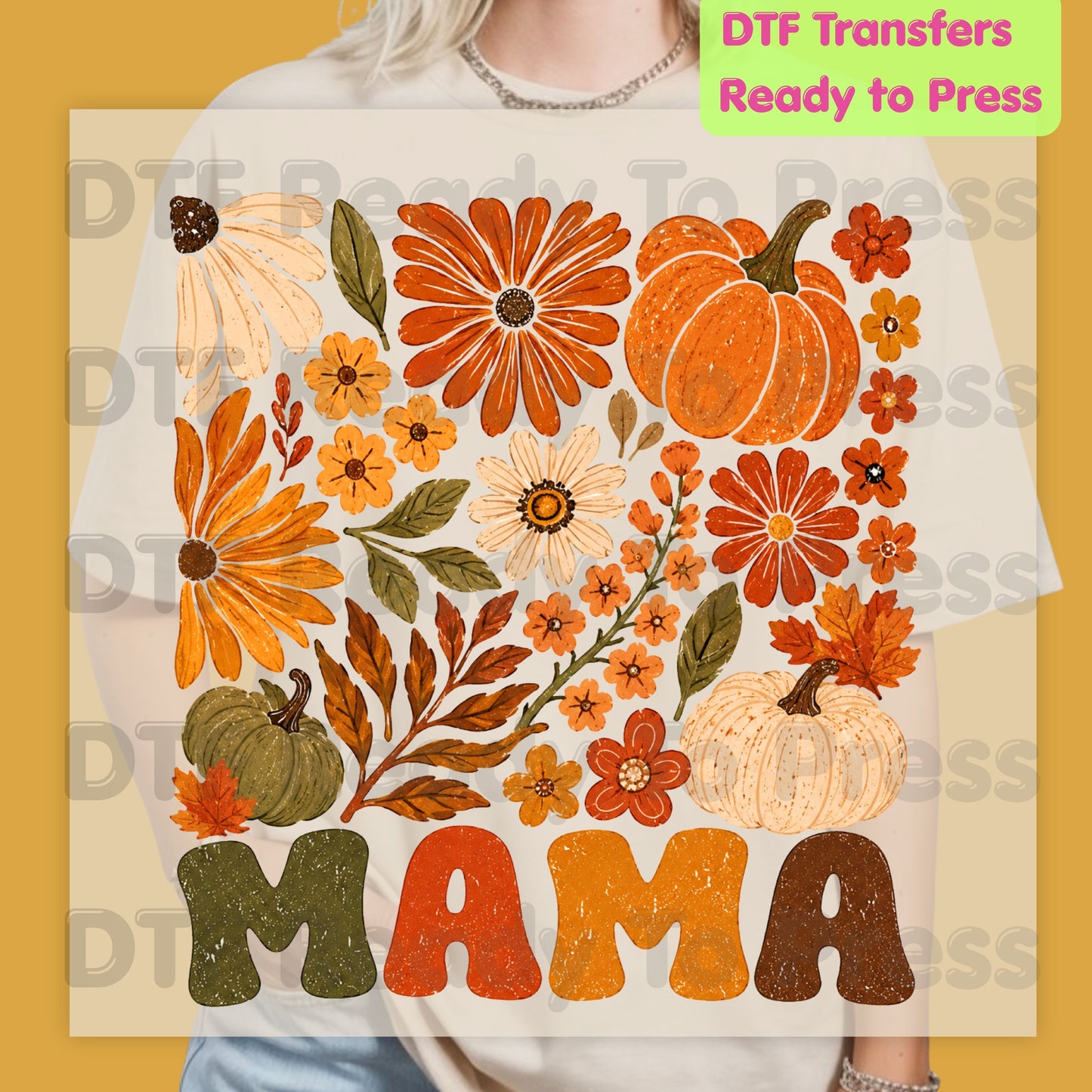 Mama Fall Floral Pumpkins DTF Transfers, Retro Groovy Autumn Flowers Thanksgiving Ready to Press