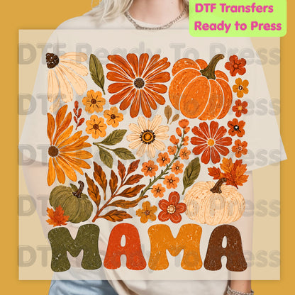 Mama Fall Floral Pumpkins DTF Transfers, Retro Groovy Autumn Flowers Thanksgiving Ready to Press