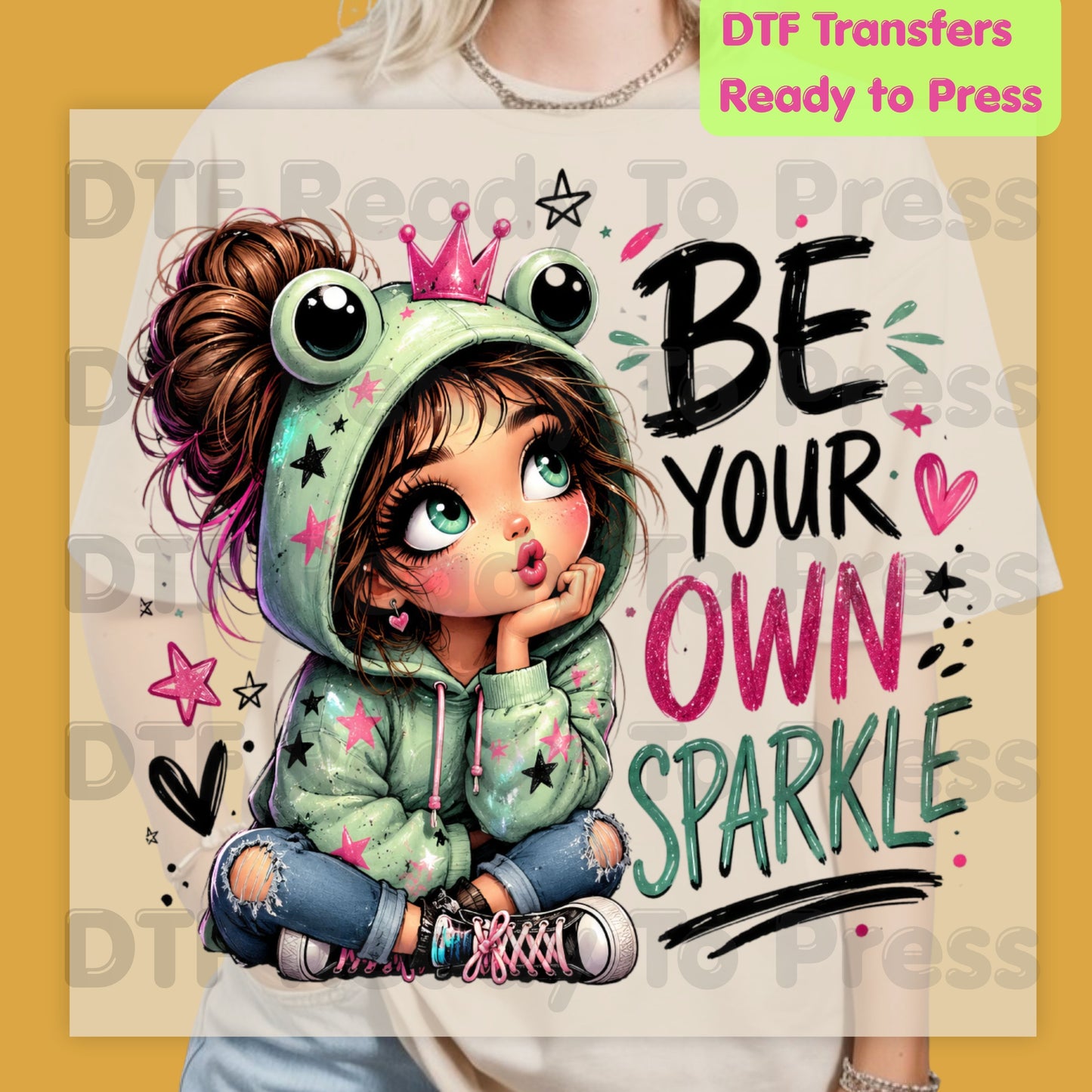 Be Your Own Sparkle Frog Girl DTF Transfers, Cute Crown Stars Kids Ready to Press
