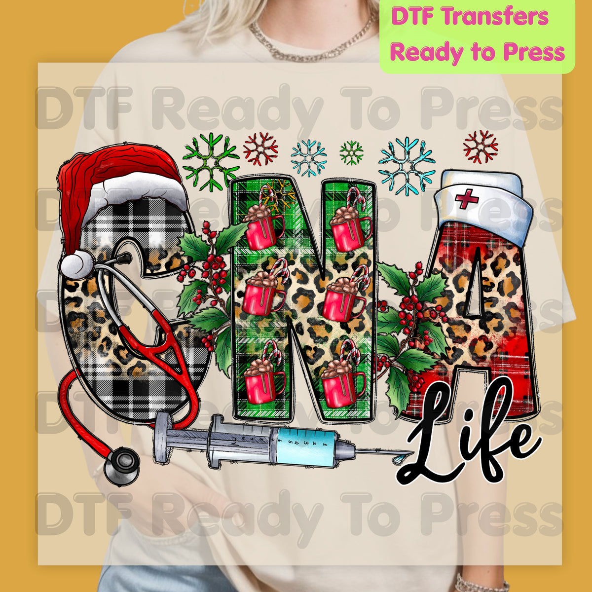 Christmas CNA Life DTF Transfers, Medical Nurse Leopard Plaid Syringe Holiday Ready to Press
