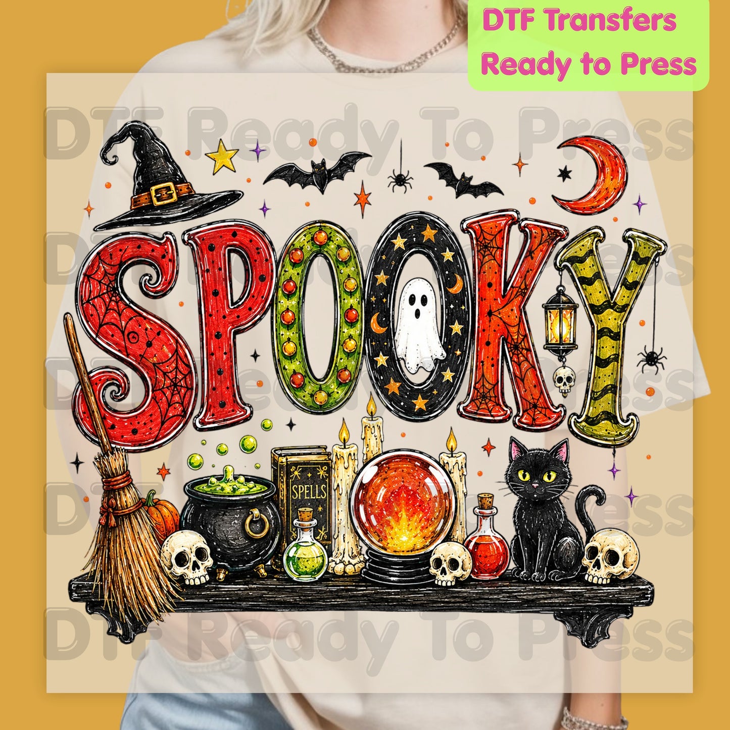 Halloween Witch Shelf DTF Transfers, Black Cat Crystal Ball Cauldron Potion Skull Spooky Ready to Press