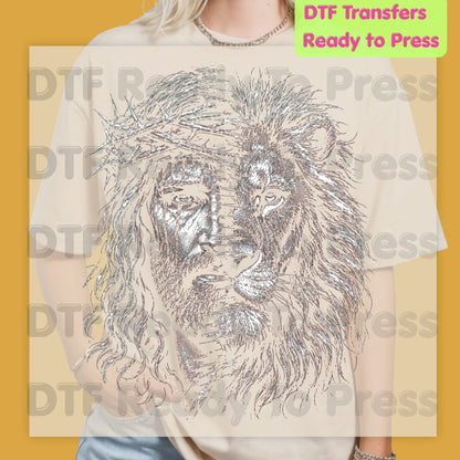 Lion and Jesus DTF Transfers, Lion of Judah Crown of Thorns Christian Faith Sketch Ready to Press