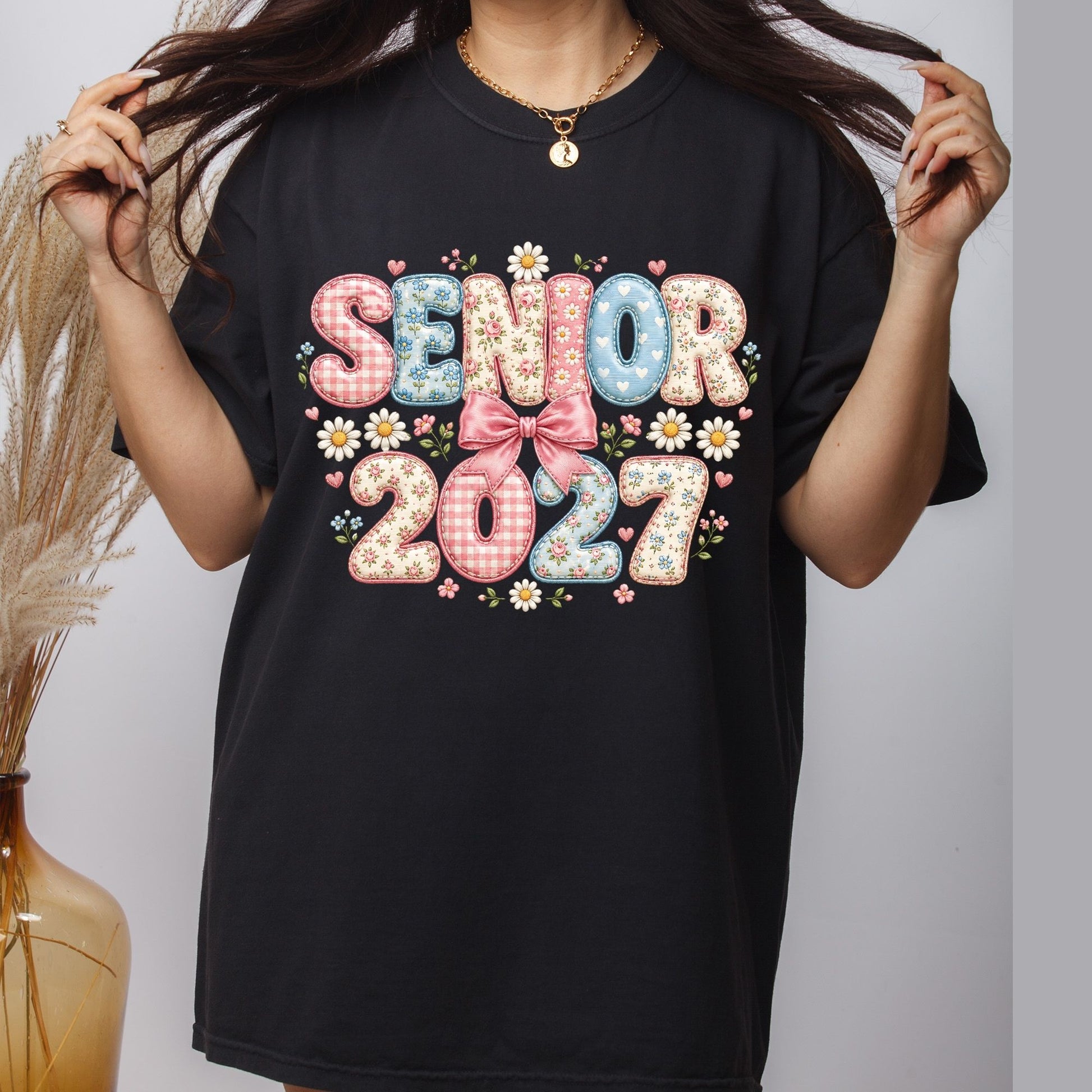 Senior 2027 DTF Transfer Ready to Press Graduation Heat Transfer for Shirts Floral Patchwork Quilted Pink Bow Daisies Graphic Tee