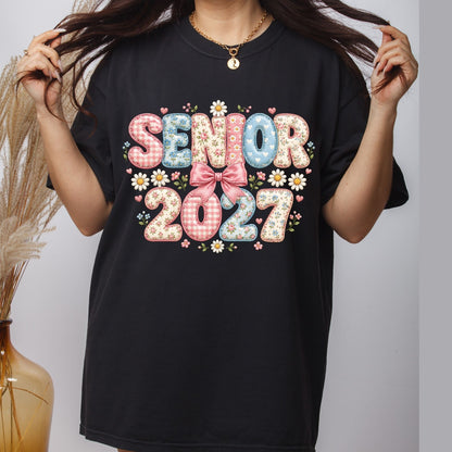 Senior 2027 DTF Transfer Ready to Press Graduation Heat Transfer for Shirts Floral Patchwork Quilted Pink Bow Daisies Graphic Tee