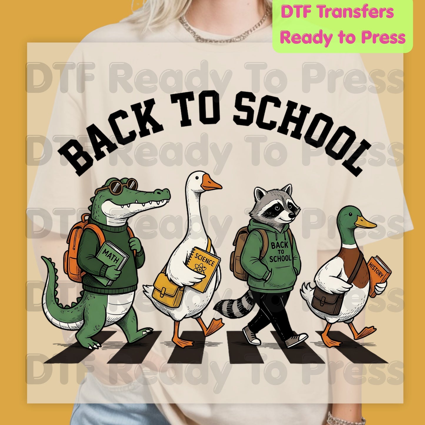 Back to School Abbey Road Animals DTF Transfers, Alligator Goose Raccoon Duck Ready to Press