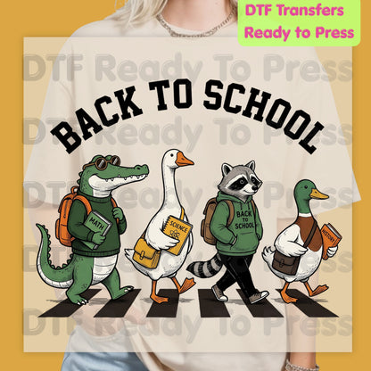Back to School Abbey Road Animals DTF Transfers, Alligator Goose Raccoon Duck Ready to Press