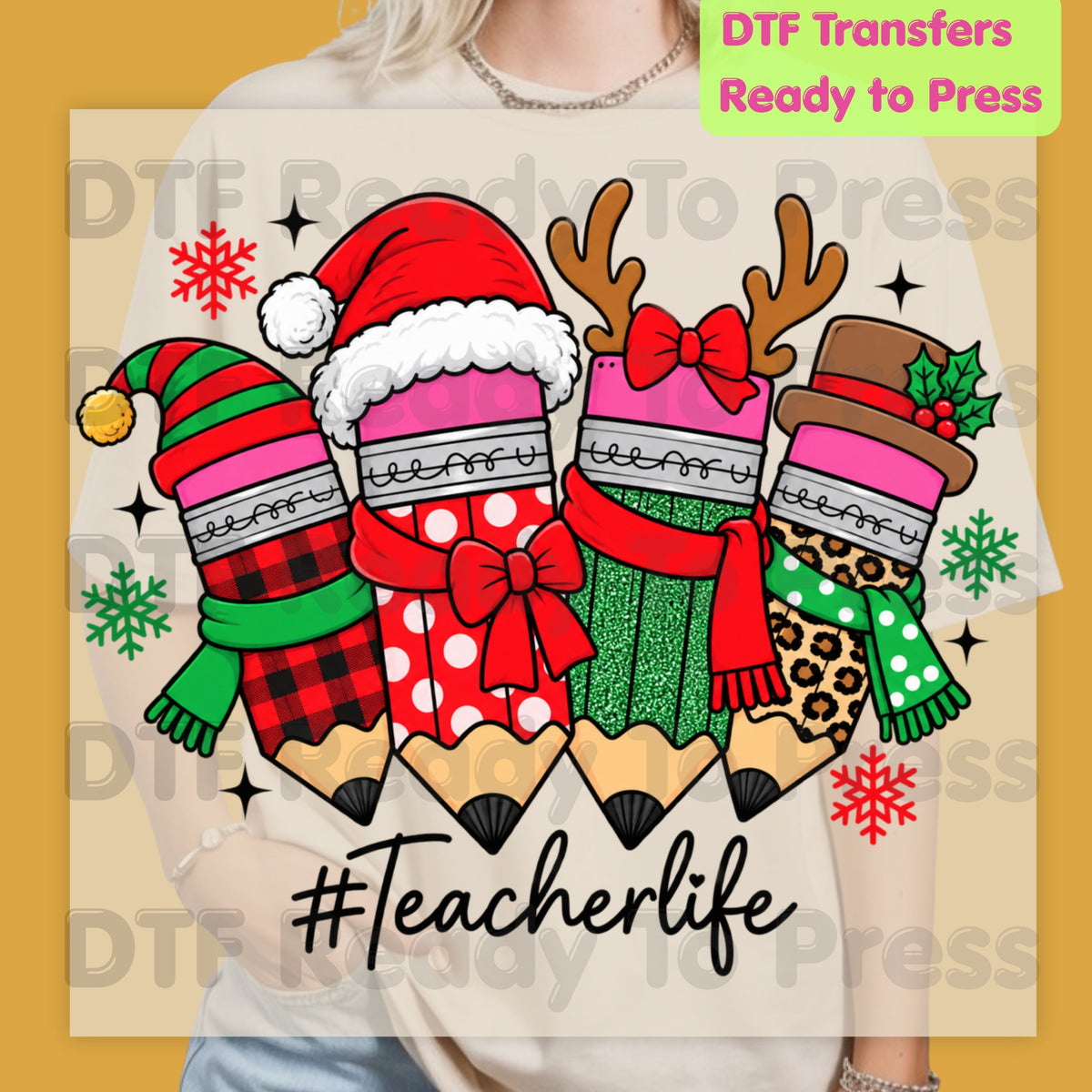 Christmas Teacher Pencils DTF Transfers, Holiday Santa Reindeer School Graphic Ready to Press