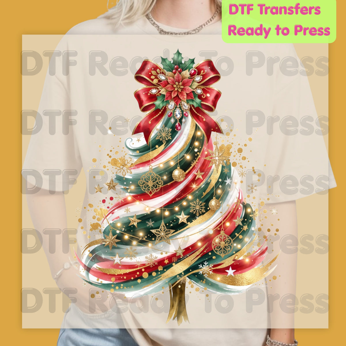 Christmas Tree DTF Transfers, Elegant Ribbon Bow Gold Glitter Holiday Ready to Press