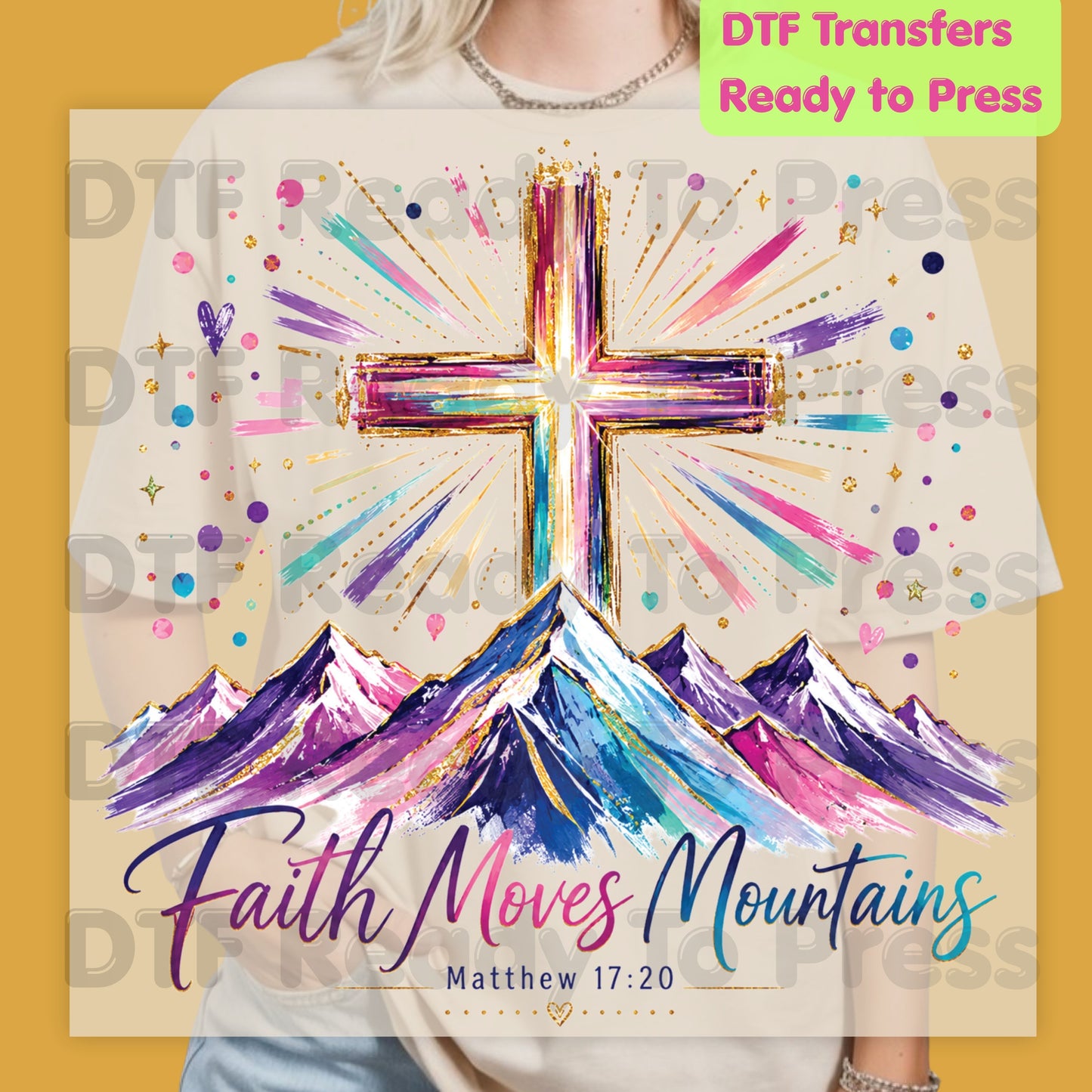 Faith Moves Mountains Religious DTF Transfer Ready to Press Christian Heat Transfer for Shirts Colorful Mountains Cross Matthew 17:20 Tee