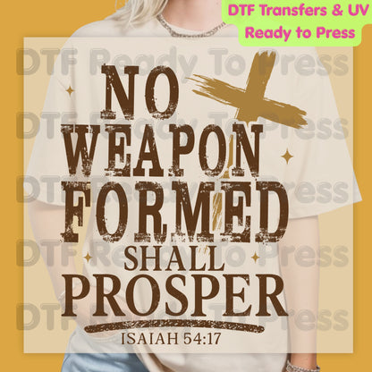 No Weapon Formed Shall Prosper DTF Transfer Ready to Press Isaiah 54:17 Bible Verse UV DTF Sticker Christian Wooden Cross Religious Faith Heat Transfer for Shirts