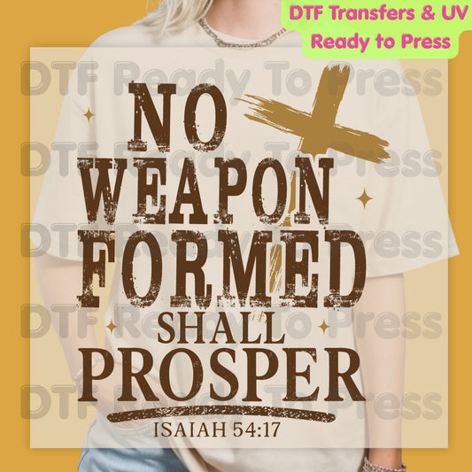 No Weapon Formed Shall Prosper DTF Transfer Ready to Press Isaiah 54:17 Bible Verse UV DTF Sticker Christian Wooden Cross Religious Faith Heat Transfer for Shirts