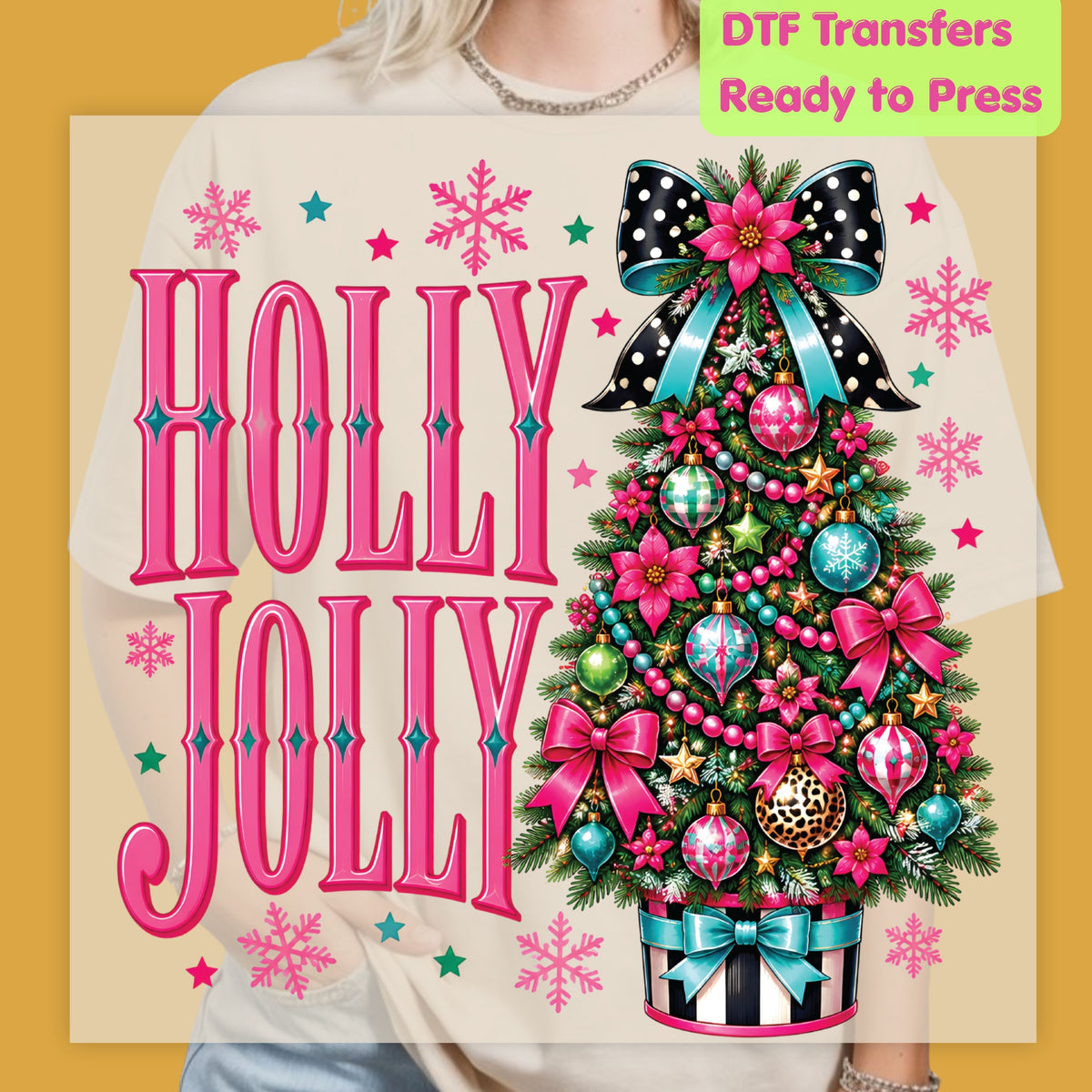 Christmas DTF Transfer, Holly Jolly Pink Christmas Tree, Bow and Snowflakes