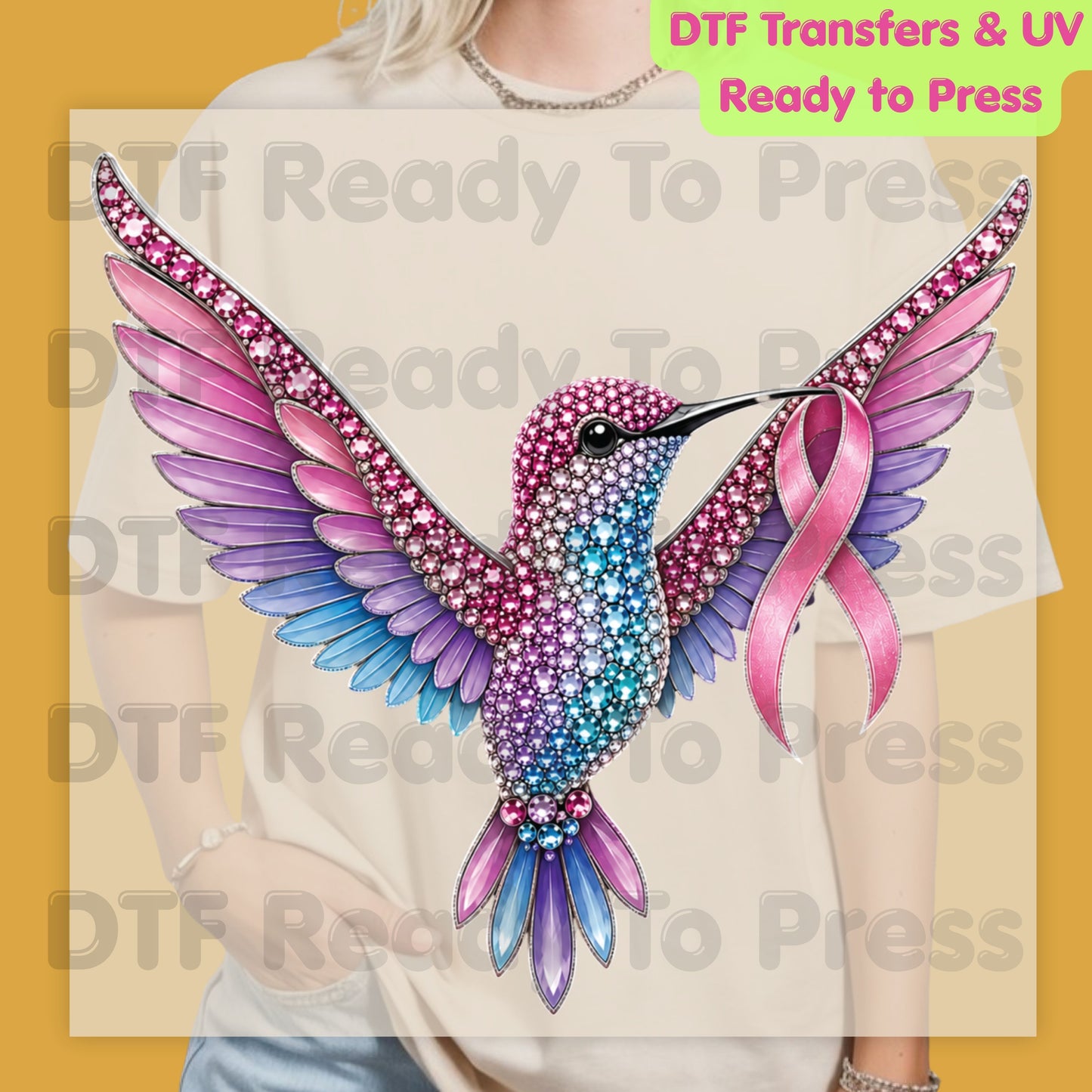 Rhinestone Hummingbird Pink Ribbon Breast Cancer Awareness DTF Transfer Ready to Press Heat Transfer Bird Tee