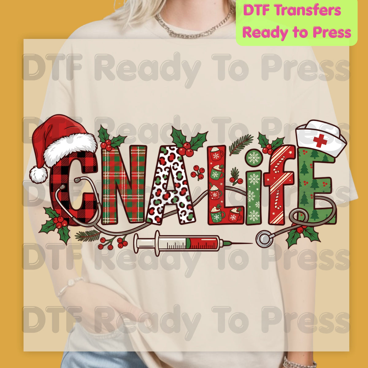 Christmas CNA Life Leopard Plaid DTF Transfers, Medical Nursing Syringe Holiday Ready to Press