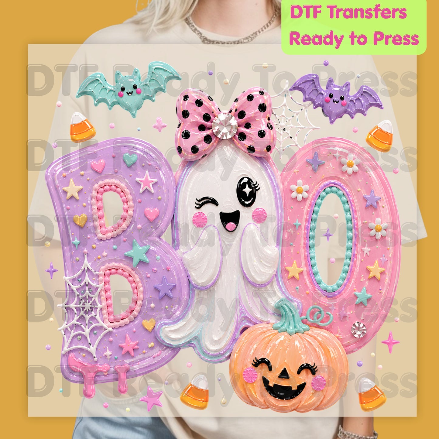 Pastel Cute Ghost Halloween BOO DTF Transfers, Pink Purple Bow Pumpkin Candy Corn Kids Girls Ready to Press