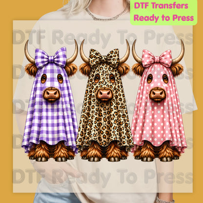 Highland Cow Ghost DTF Transfers, Halloween Spooky Cow Leopard Polka Dot Bow Ready to Press