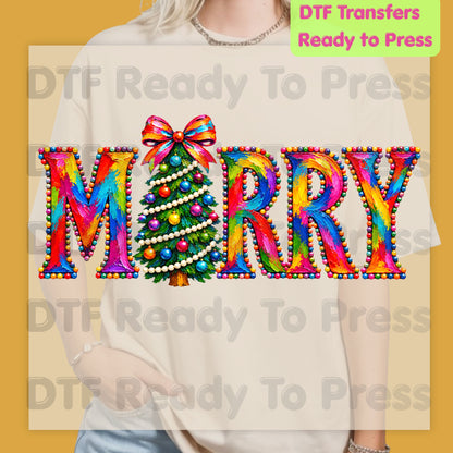 Merry Christmas Tree DTF Transfers, Colorful Painted Christmas Holiday Ready to Press
