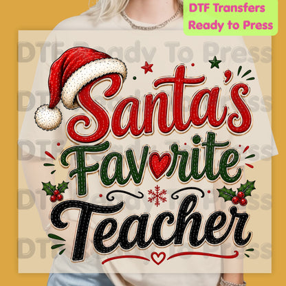Santa's Favorite Teacher DTF Transfers, Christmas School Santa Hat Holly Holiday Ready to Press