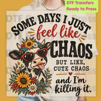 Cute Chaos Cow DTF Transfers, Western Farm Sunflower Glasses Glitter Cowgirl Ready to Press