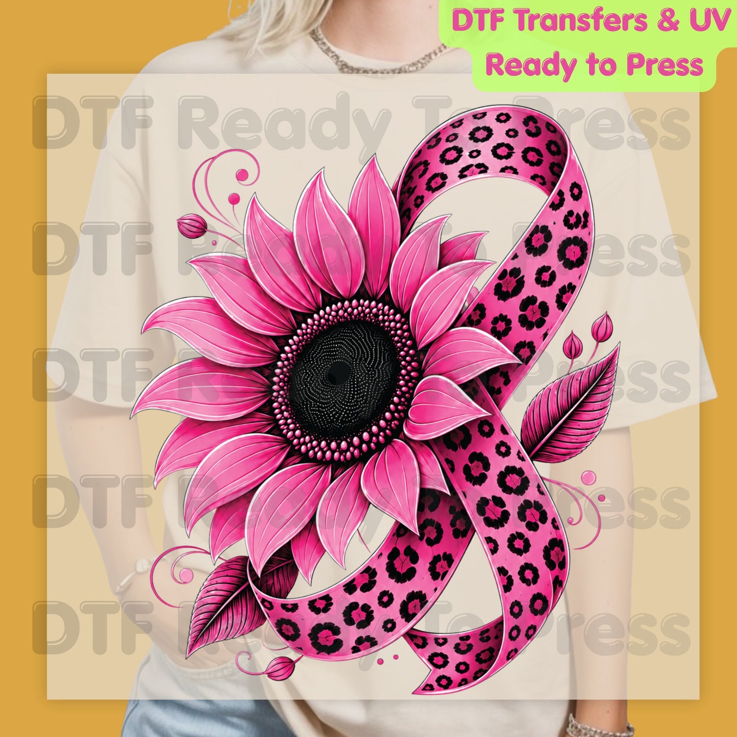 Pink Sunflower Leopard Ribbon Breast Cancer Awareness DTF Transfer Ready to Press Heat Transfer Survivor Tee