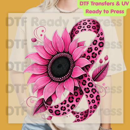 Pink Sunflower Leopard Ribbon Breast Cancer Awareness DTF Transfer Ready to Press Heat Transfer Survivor Tee