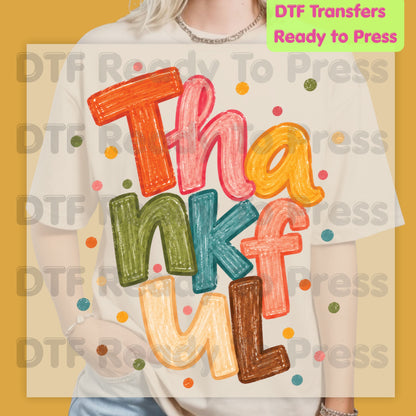 Thanksgiving DTF Transfer, Thankful Colorful Crayon Letters