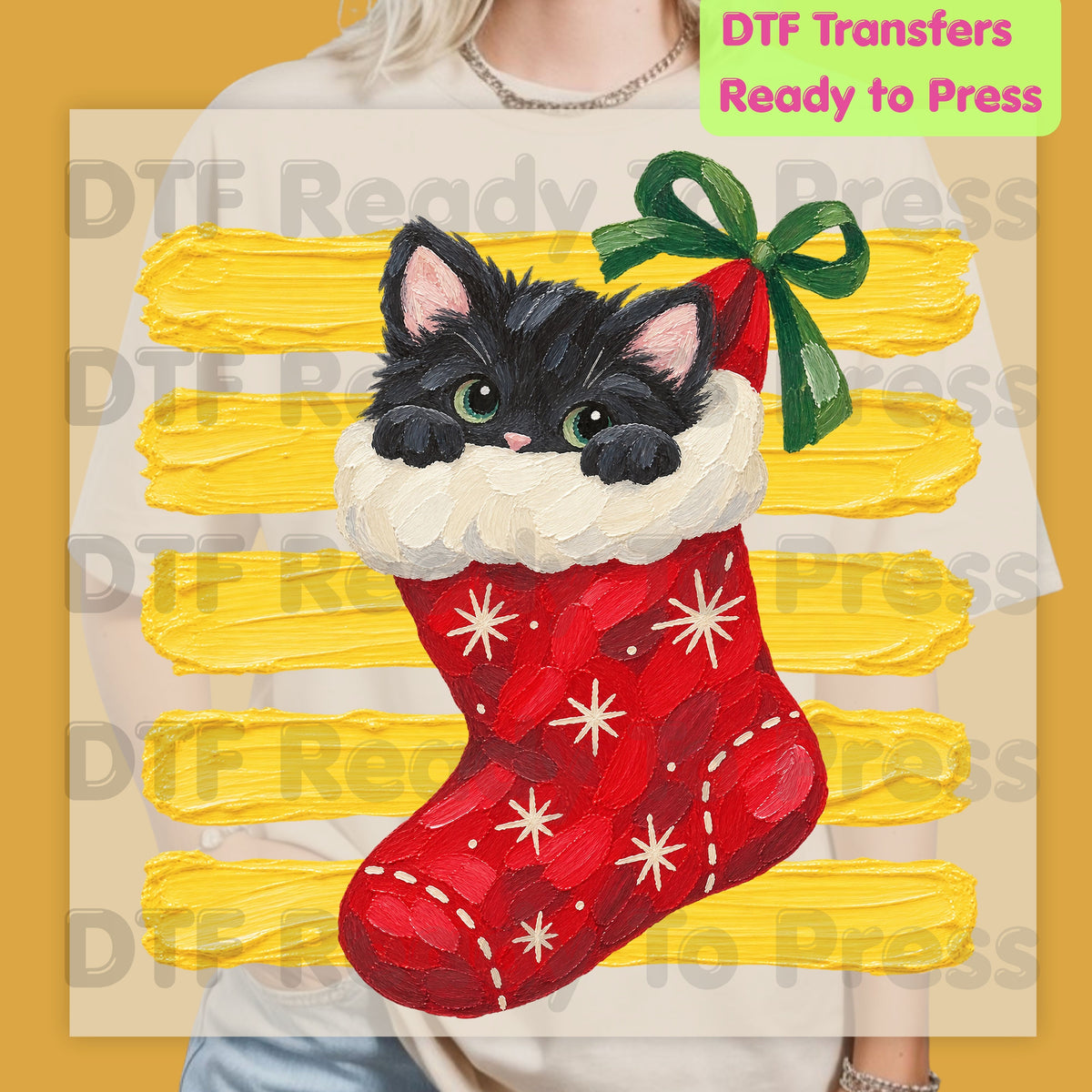 Christmas Black Cat DTF Transfers, Stocking Cute Kitten Holiday Ready to Press