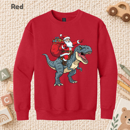 Santa Riding T-Rex Christmas T-Shirt, Funny Dinosaur Xmas Graphic Kids Tee