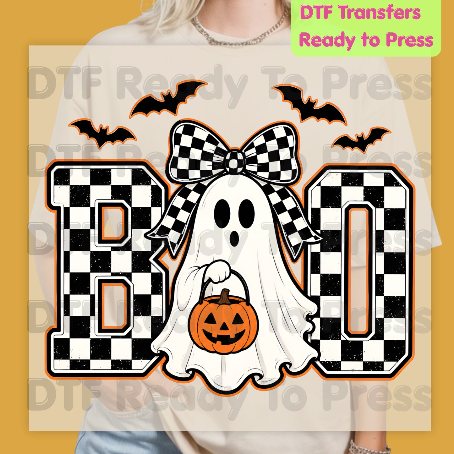 Boo Checkered Bow Ghost DTF Transfers, Halloween Pumpkin Bucket Bats Retro Ready to Press