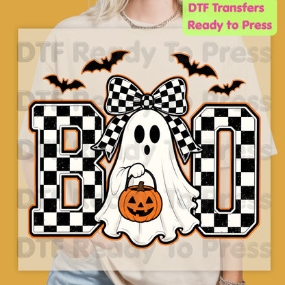 Boo Checkered Bow Ghost DTF Transfers, Halloween Pumpkin Bucket Bats Retro Ready to Press