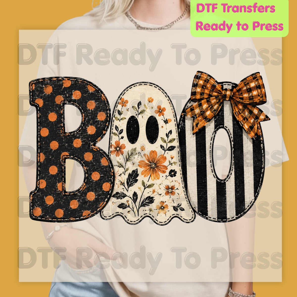 Floral Ghost Halloween DTF Transfers, Boo Orange Polka Dot Coquette Bow Spooky Ready to Press
