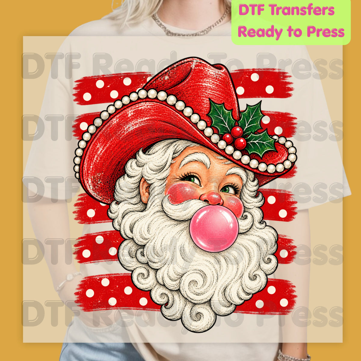Western Santa DTF Transfers, Christmas Cowboy Hat Bubblegum Pink Vintage Holiday Ready to Press