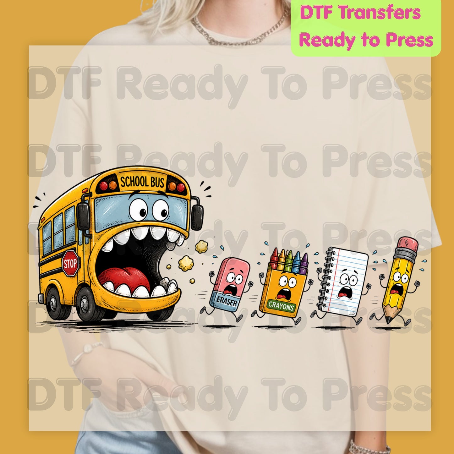 Funny School Bus Monster DTF Transfers, Back to School Chasing Supplies Teacher Life Kids Ready to Press