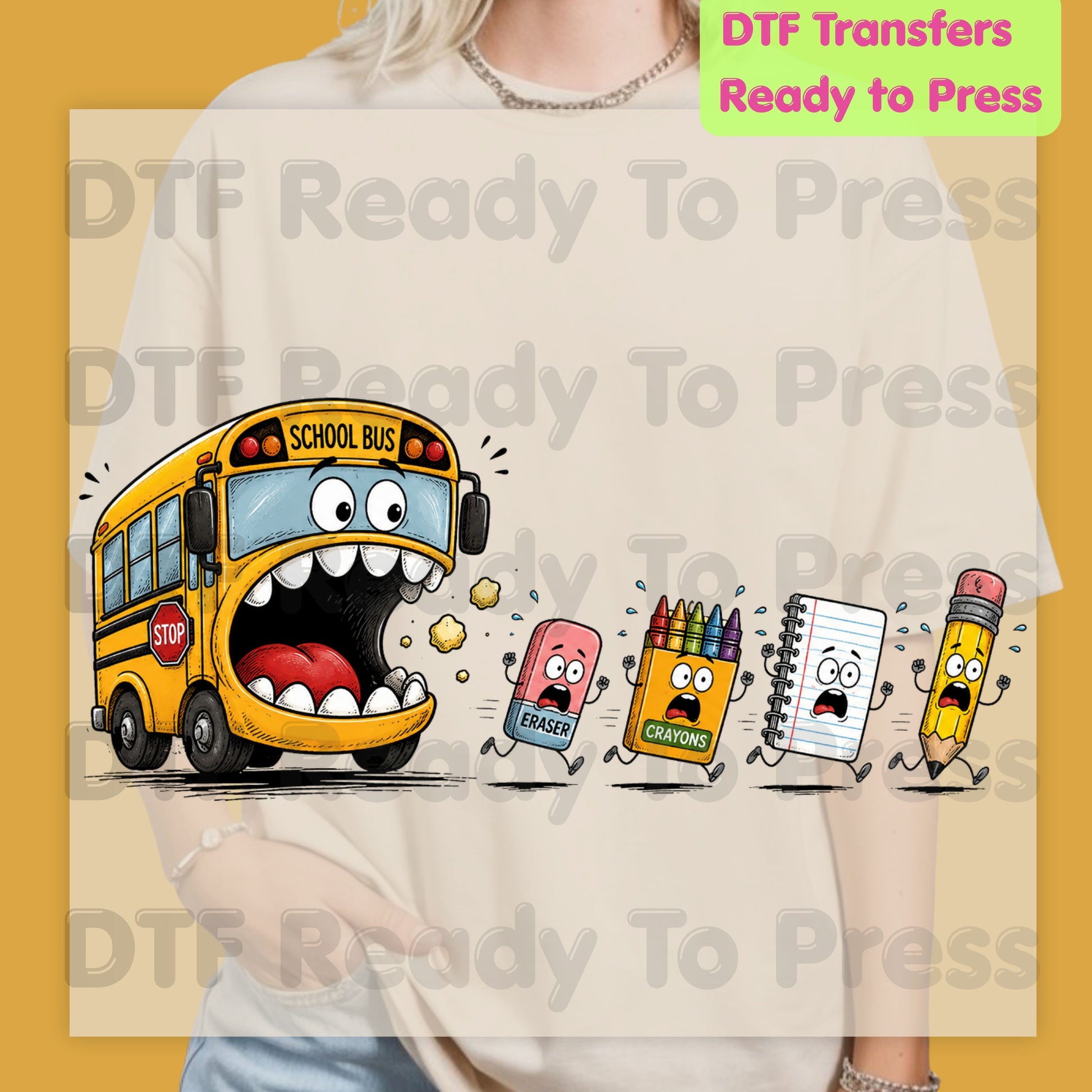 Funny School Bus Monster DTF Transfers, Back to School Chasing Supplies Teacher Life Kids Ready to Press