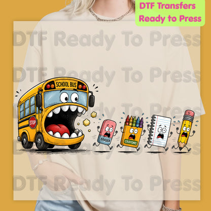 Funny School Bus Monster DTF Transfers, Back to School Chasing Supplies Teacher Life Kids Ready to Press