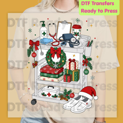Christmas Nurse Cart DTF Transfers, Holiday Medical Wreath Stethoscope Graphic Ready to Press