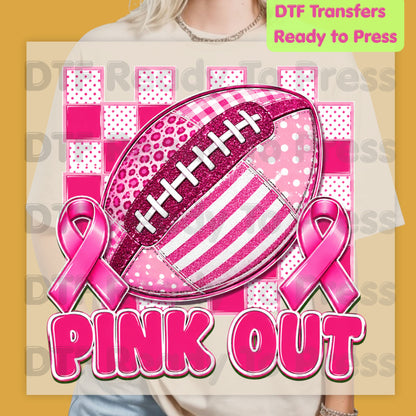 Pink Out DTF Transfers, Breast Cancer Awareness Football Pink Ribbon Support Ready to Press