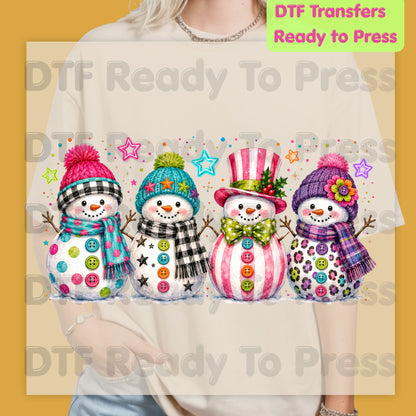 Christmas Colorful Snowmen DTF Transfers, Cute Winter Snowman Beanies Scarves Holiday Ready to Press