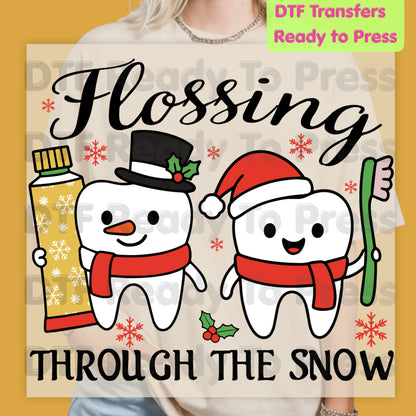 Flossing Through the Snow DTF Transfers, Christmas Dental Dentist Tooth Snowman Holiday Ready to Press