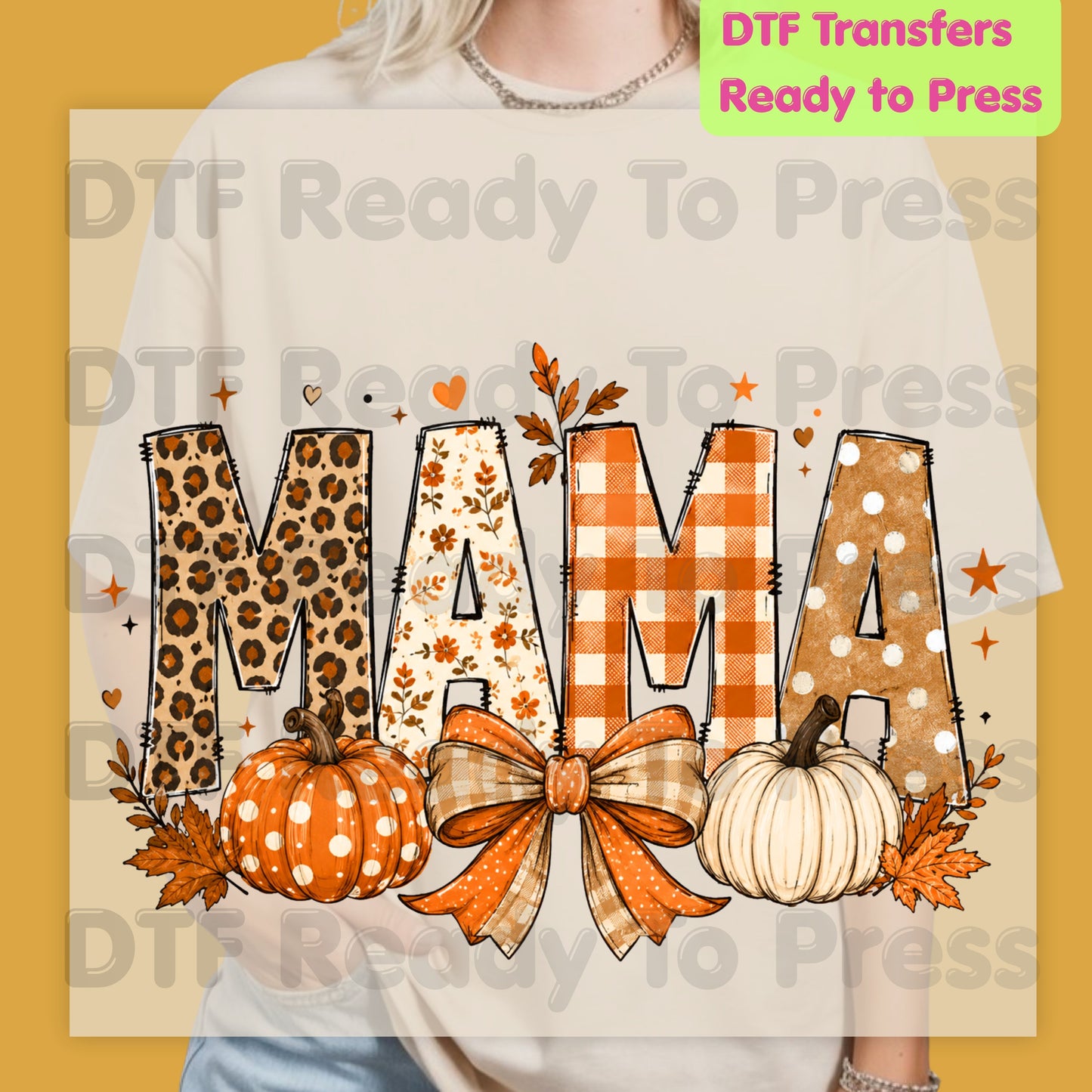 Fall Mama Pumpkin DTF Transfers, Leopard Plaid Varsity Letters Autumn Leaves Bow Thanksgiving Mom