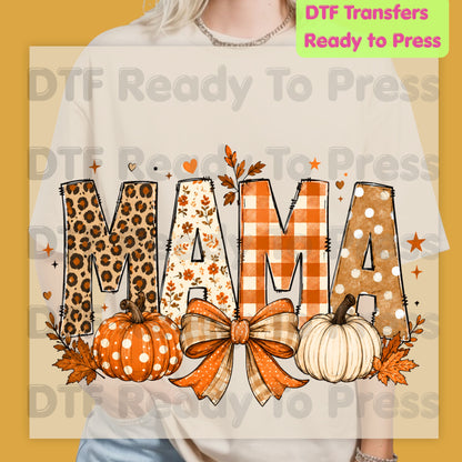 Fall Mama Pumpkin DTF Transfers, Leopard Plaid Varsity Letters Autumn Leaves Bow Thanksgiving Mom