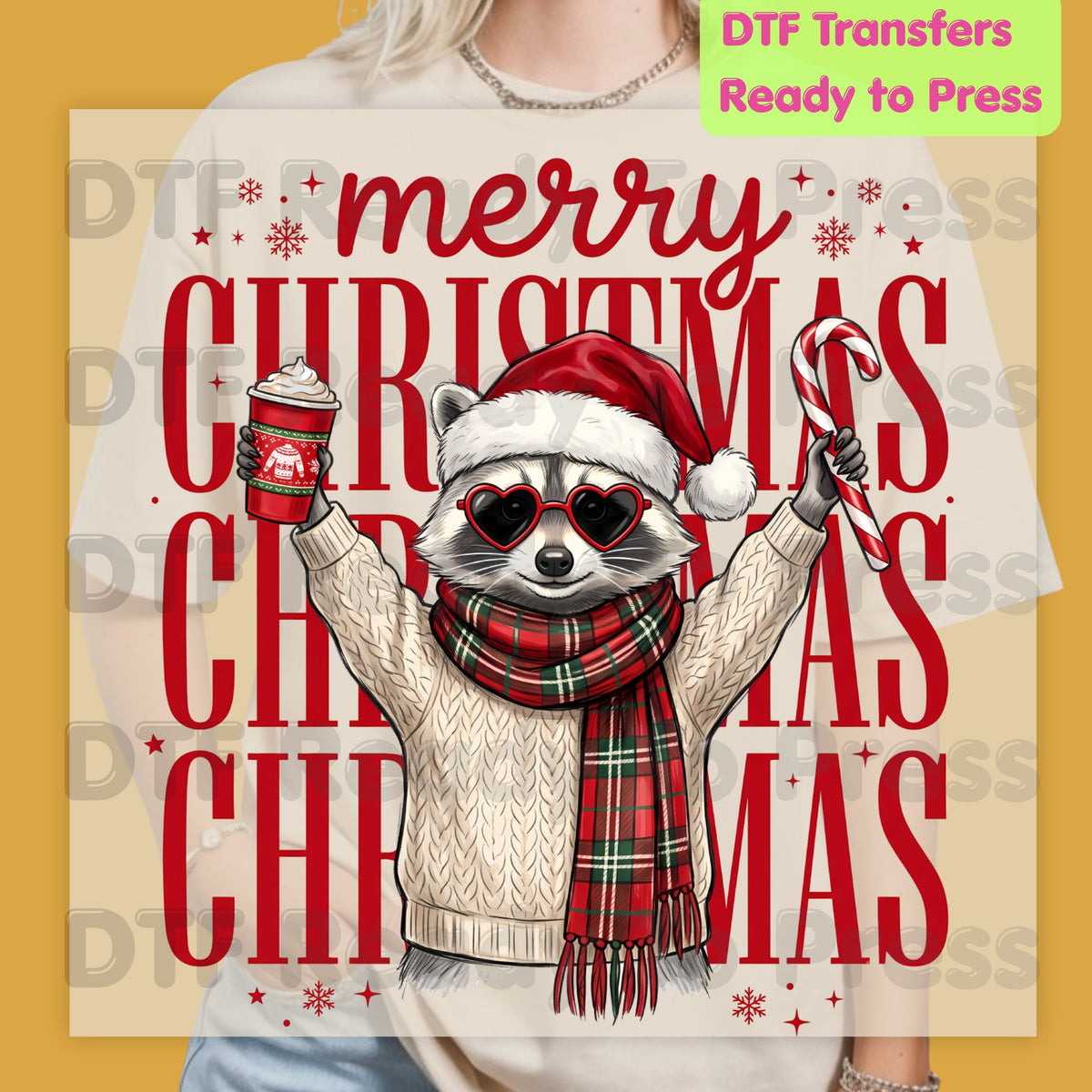 Merry Christmas Raccoon DTF Transfers, Coffee Candy Cane Festive Holiday Ready to Press