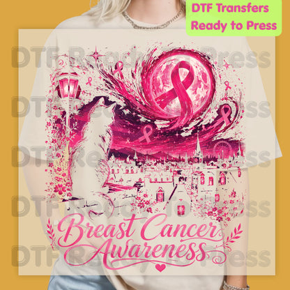 Pink Cat Moon Breast Cancer Awareness DTF Transfer Ready to Press Heat Transfer Tee