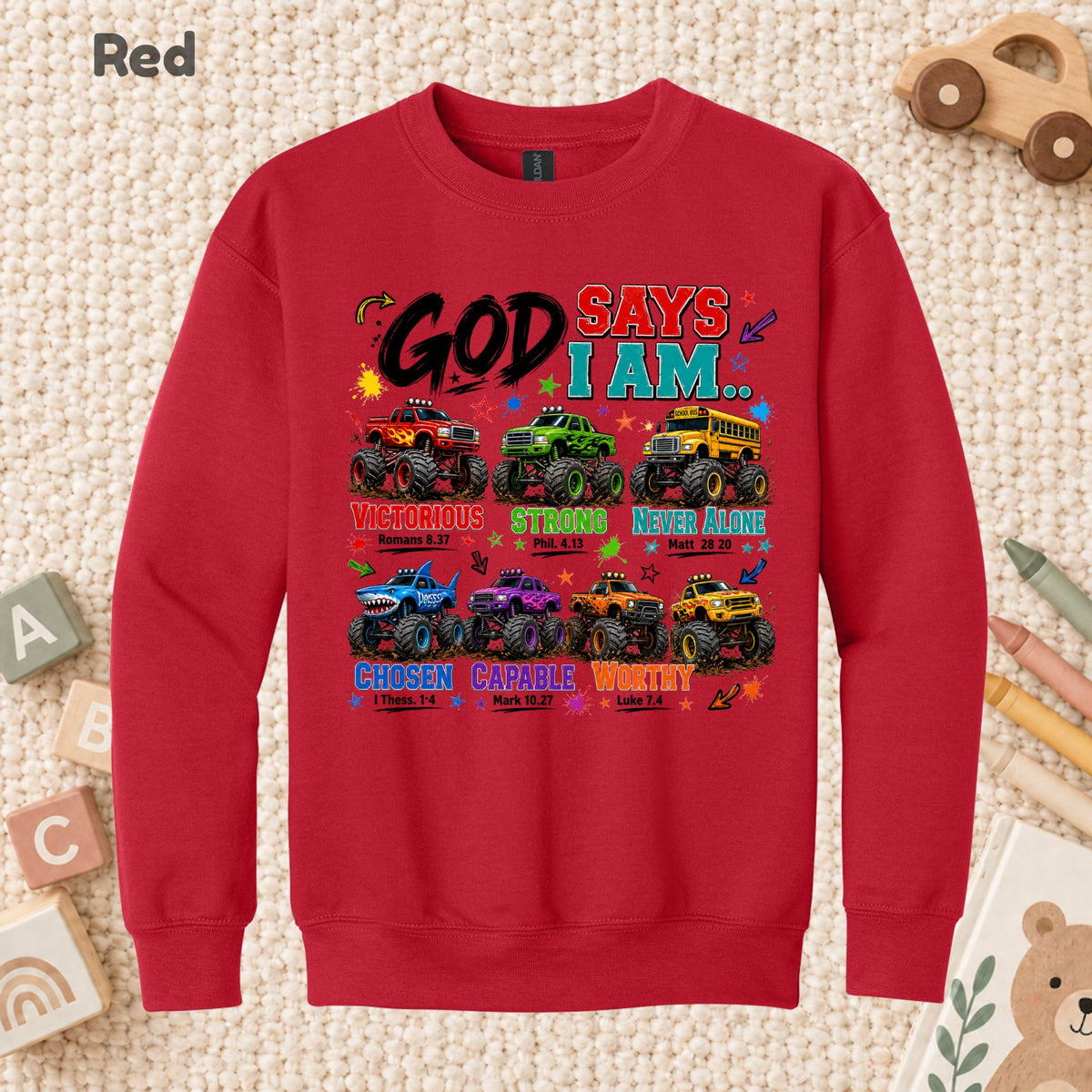 God Says I Am Monster Trucks Christian T-Shirt, Bible Verse Kids Religious Graphic Tee