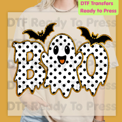 Polka Dot Ghost Halloween DTF Transfers, Boo Cute Spooky Bats Holiday Ready to Press