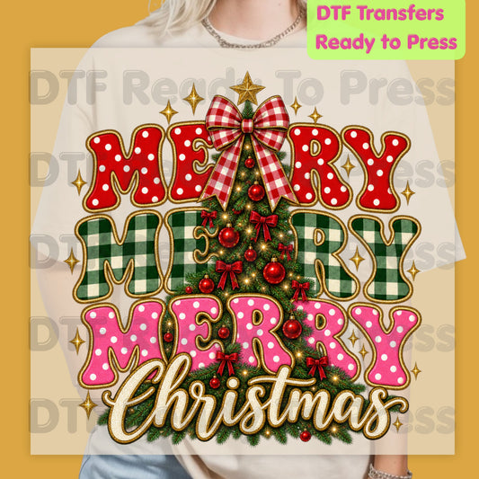 Merry Merry Christmas Tree DTF Transfers, Plaid Polka Dot Pink Holiday Ready to Press